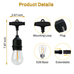 24 FT. Black Filament String Light 12 Bulbs, Connect up to 6