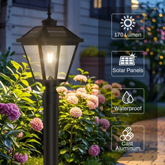 22 in. Black Outdoor Clear Glass Solar Post Light with Pier Mount Base