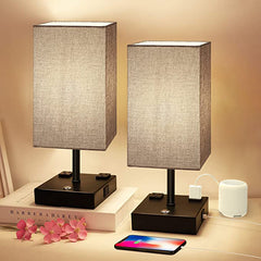 15in Gray LED Bulb Touch Switch Table Lamp with Fabric Shade Set of 2