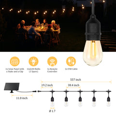 50-ft Solar Black Indoor/Outdoor String Light with 15 Yellow-Light LED Edison Bulbs with Remote