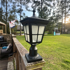 18 in. Black Outdoor Frozen Ice Glass Solar Post Light with Pier Mount Base