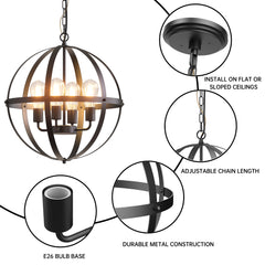 4-Light Black Caged Chandelier Light with Bulb