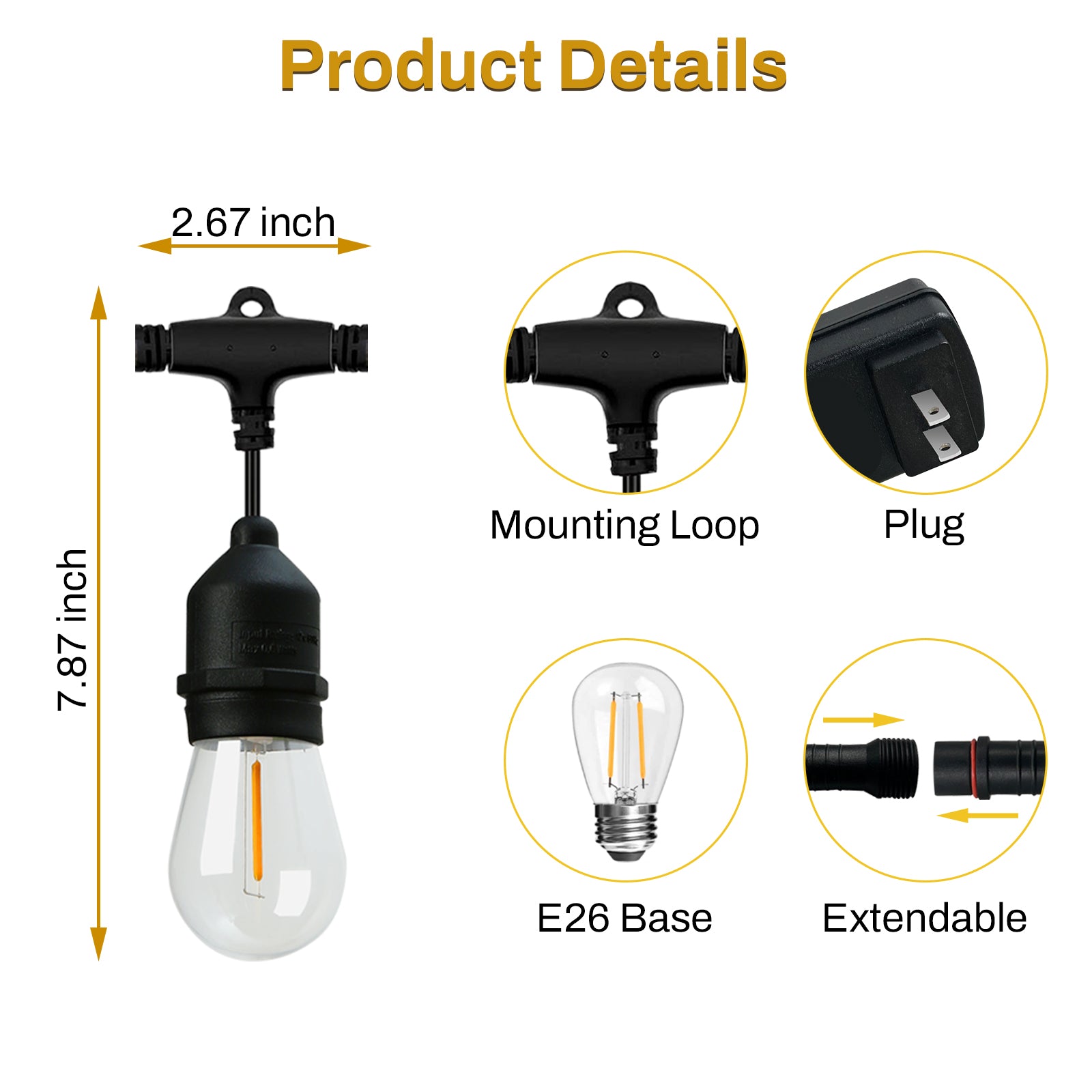 24 FT. Black Filament String Light  12 Bulbs, Connect up to 6