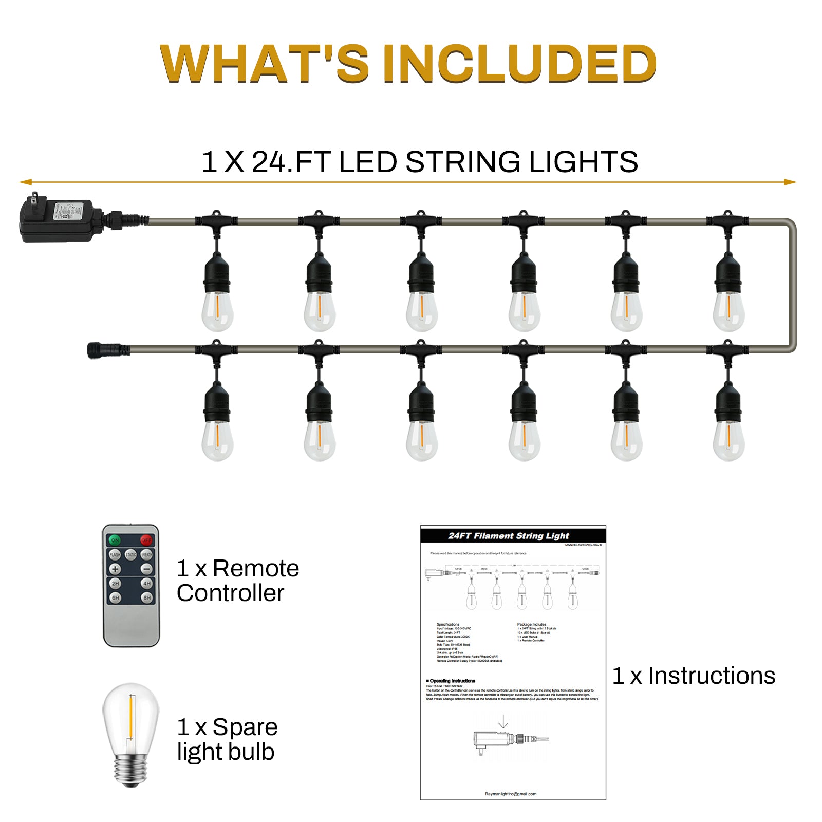 24 FT. Black Filament String Light  12 Bulbs, Connect up to 6