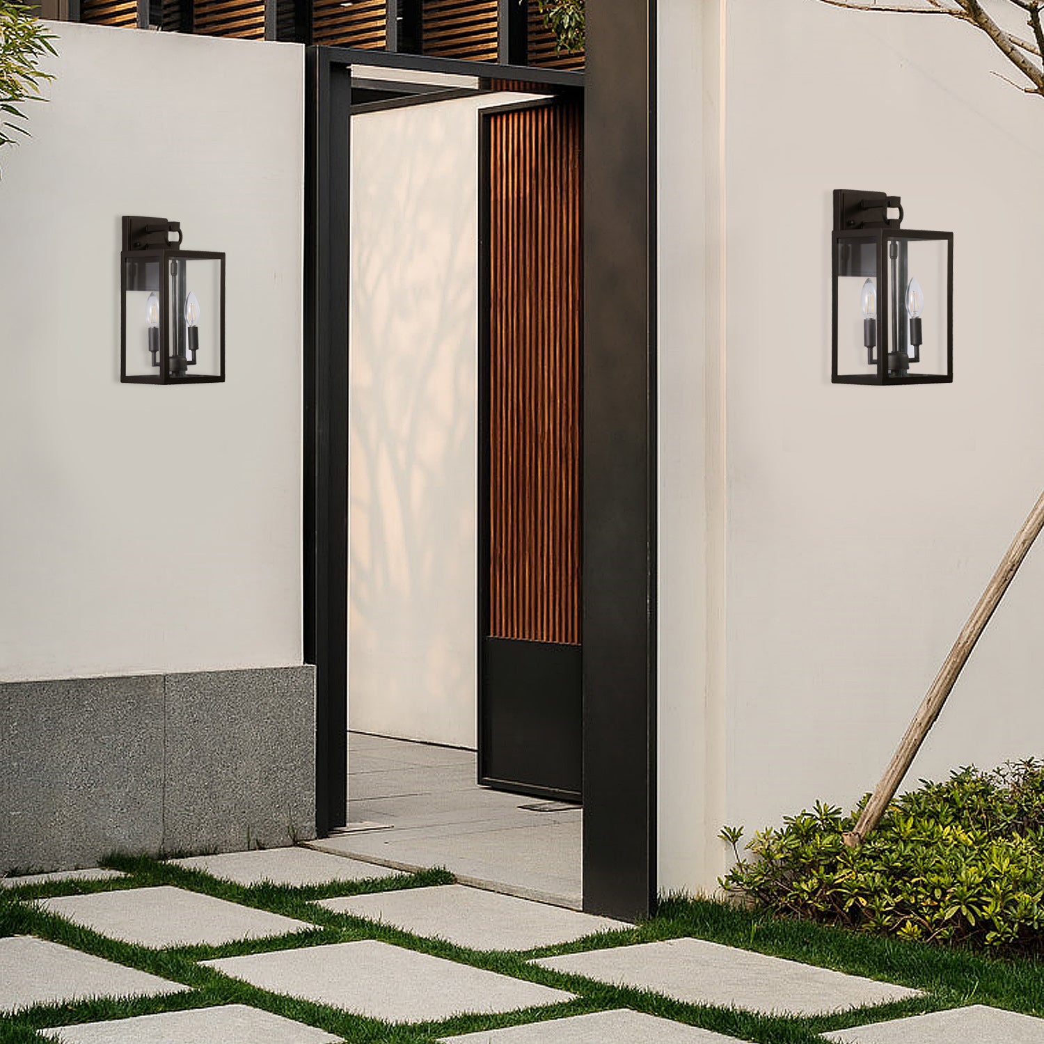 14-Inch Black Metal Outdoor Wall Lantern Sconce Light (Set of 2)