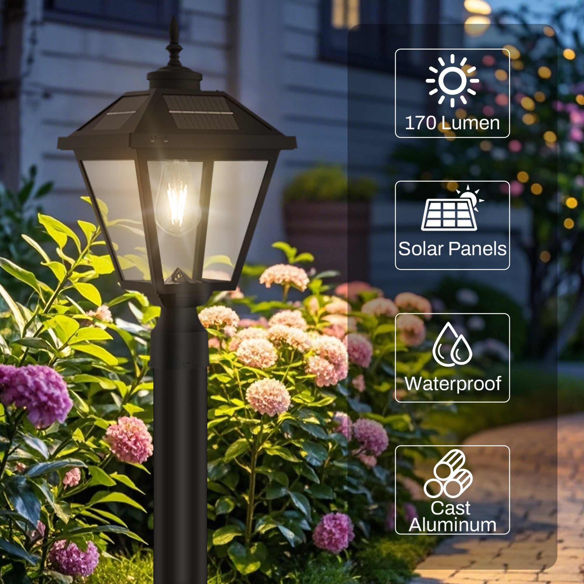 22 in. Black Outdoor Clear Glass Solar Post Light with Pier Mount Base