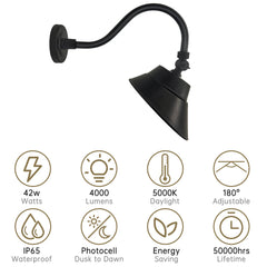 10-in 42W LED Black Angle Shade Gooseneck Barn Light