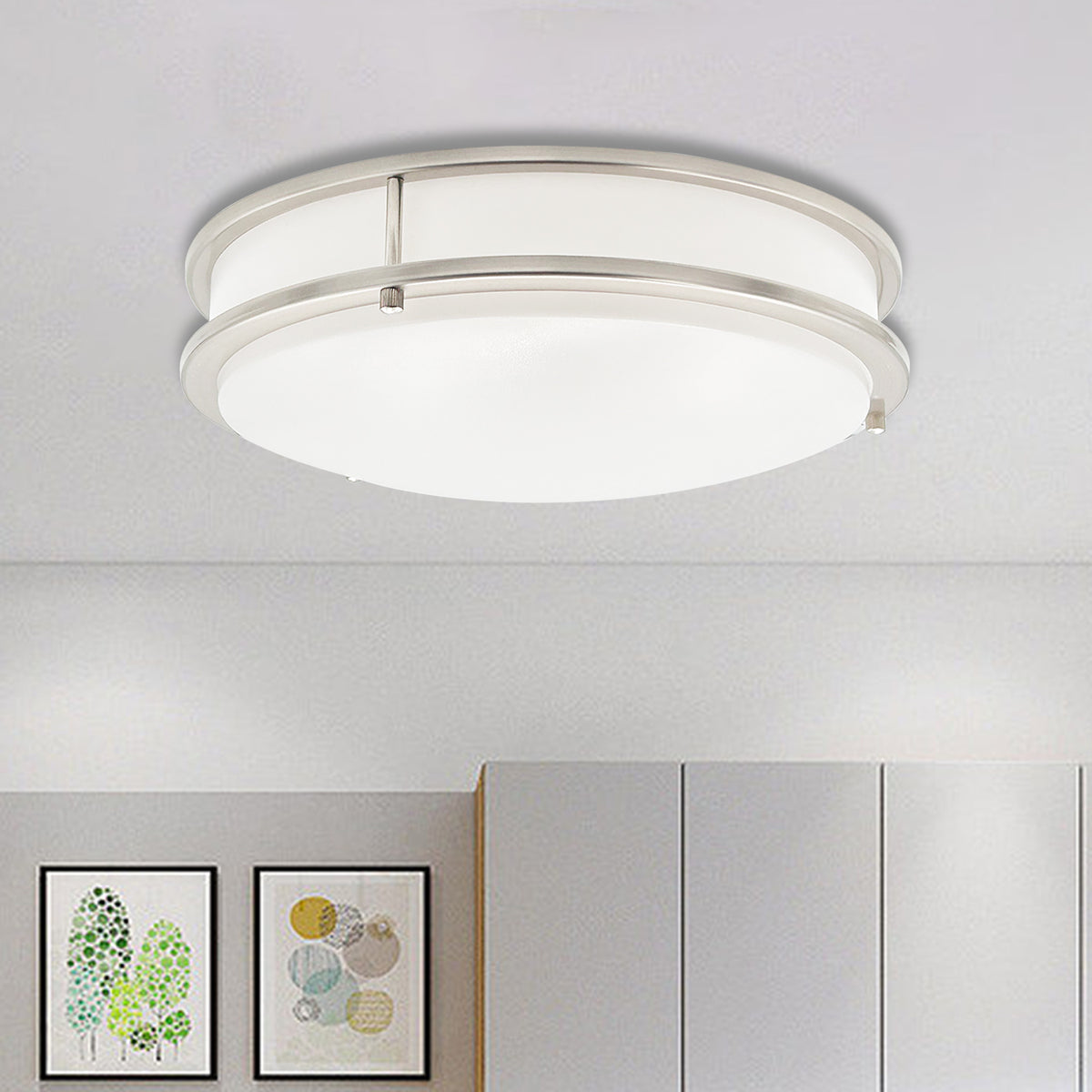 14-in Double Ring Brushed Nickel Integrated LED Flush Mount Light