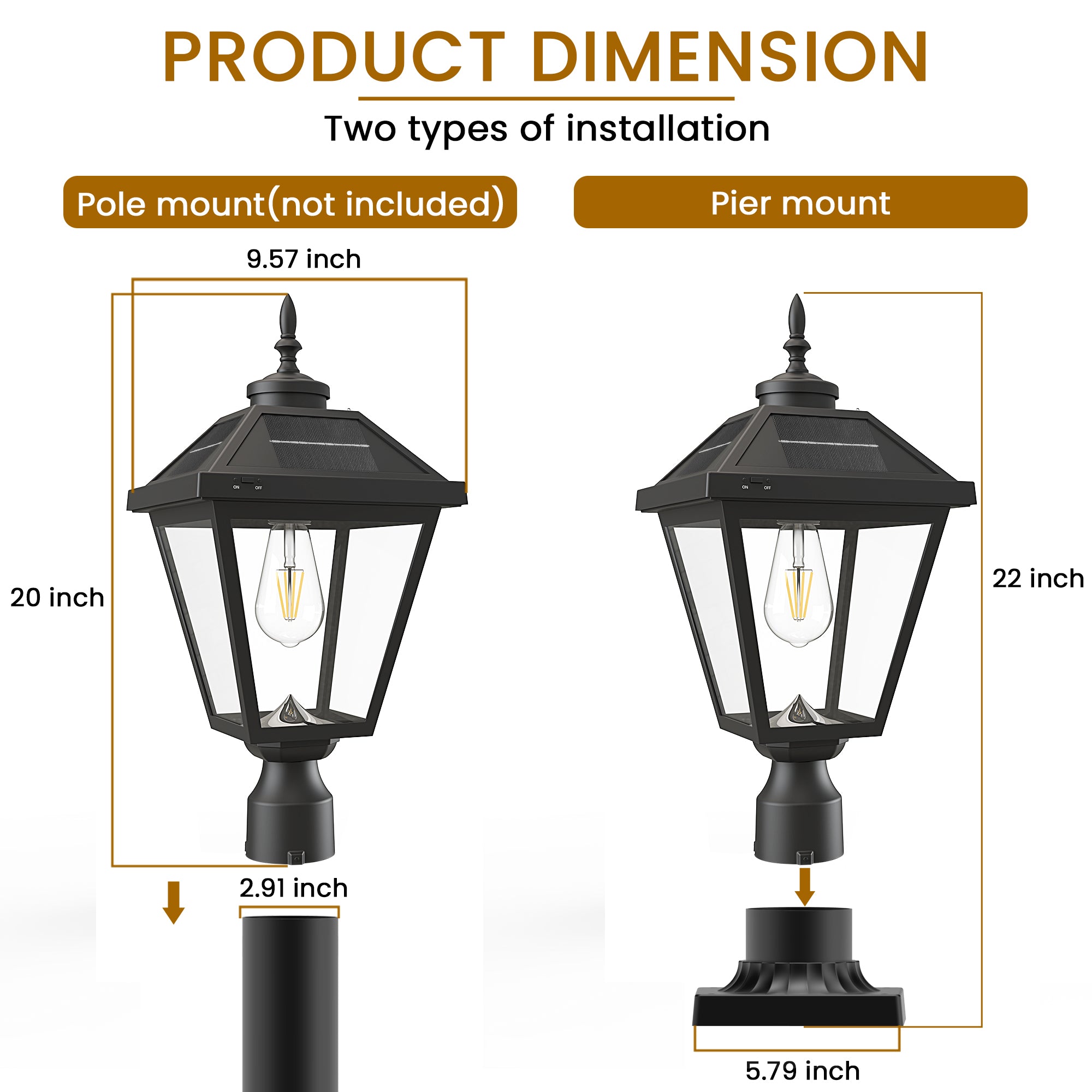 22-in Black Traditional Solar Outdoor Light post lantern with Dusk-to Dawn Sensor Photocell Sensor
