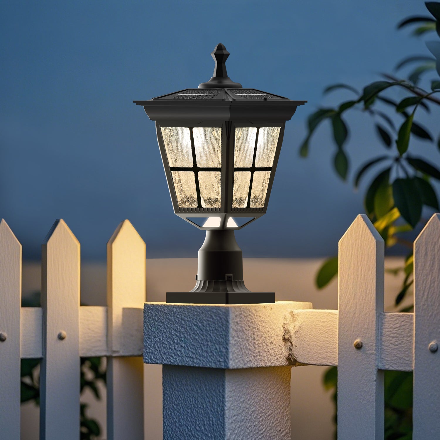 18 in. Black Outdoor Frozen Ice Glass Solar Post Light with Pier Mount Base
