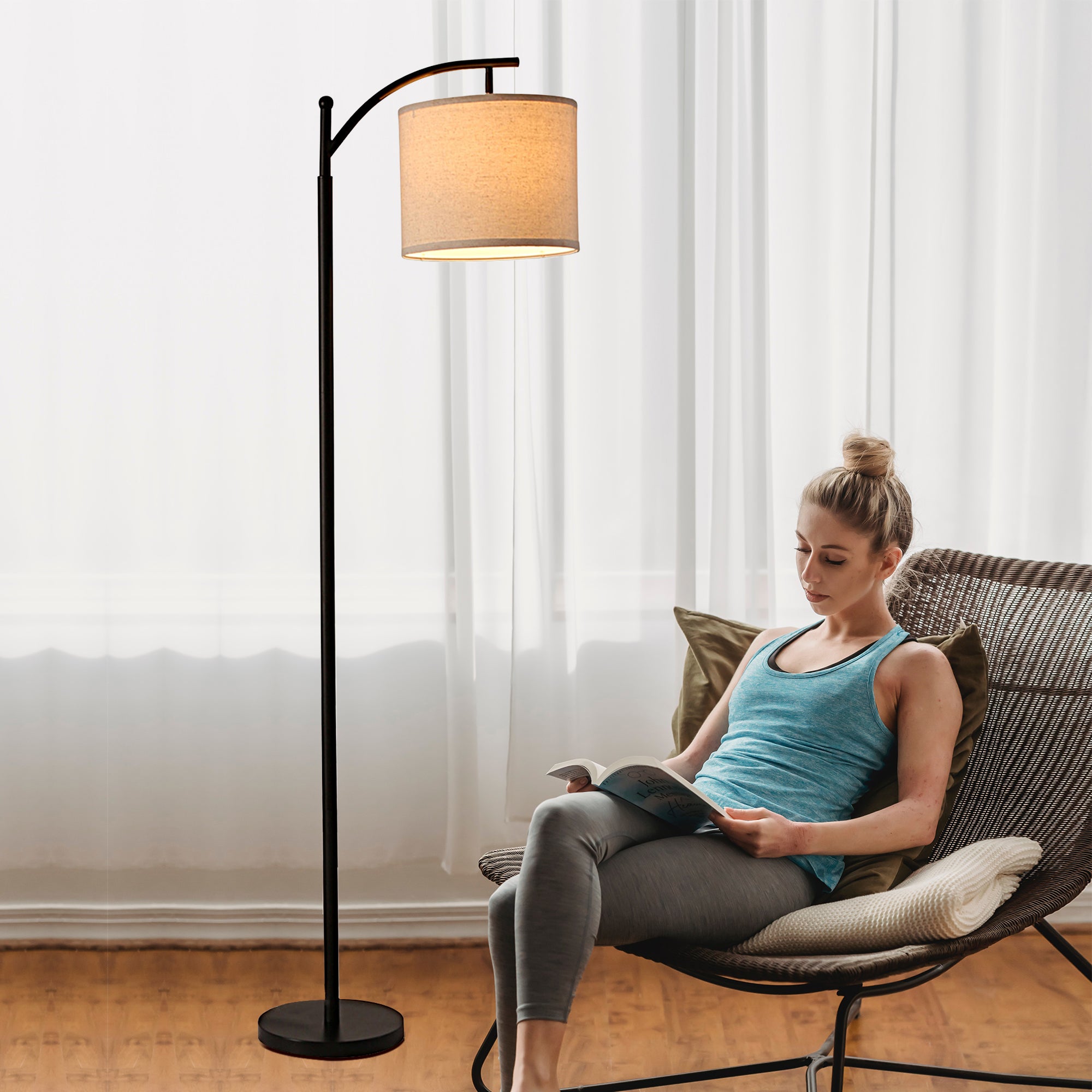 62-in Black Arc Floor Lamp with Fabric Shade