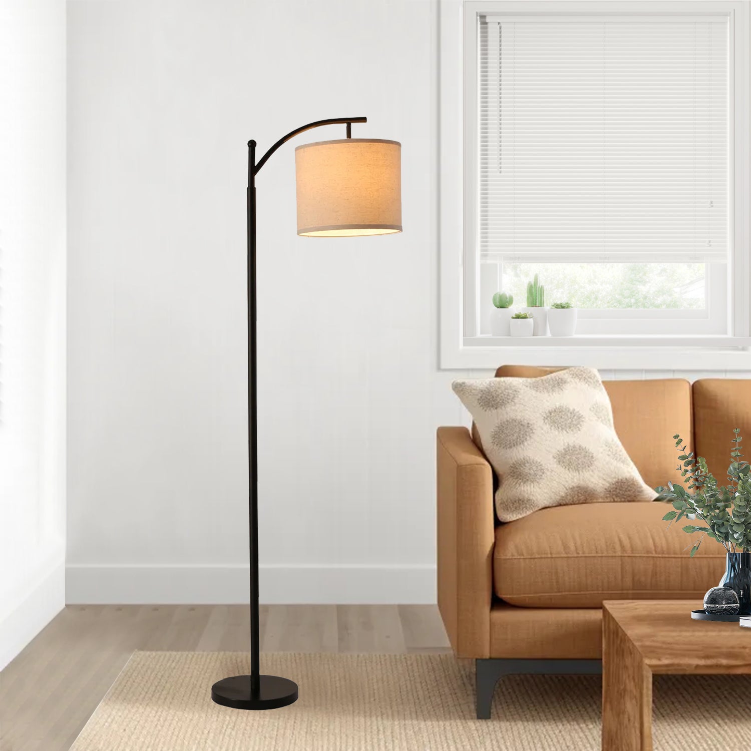 62-in Black Arc Floor Lamp with Fabric Shade