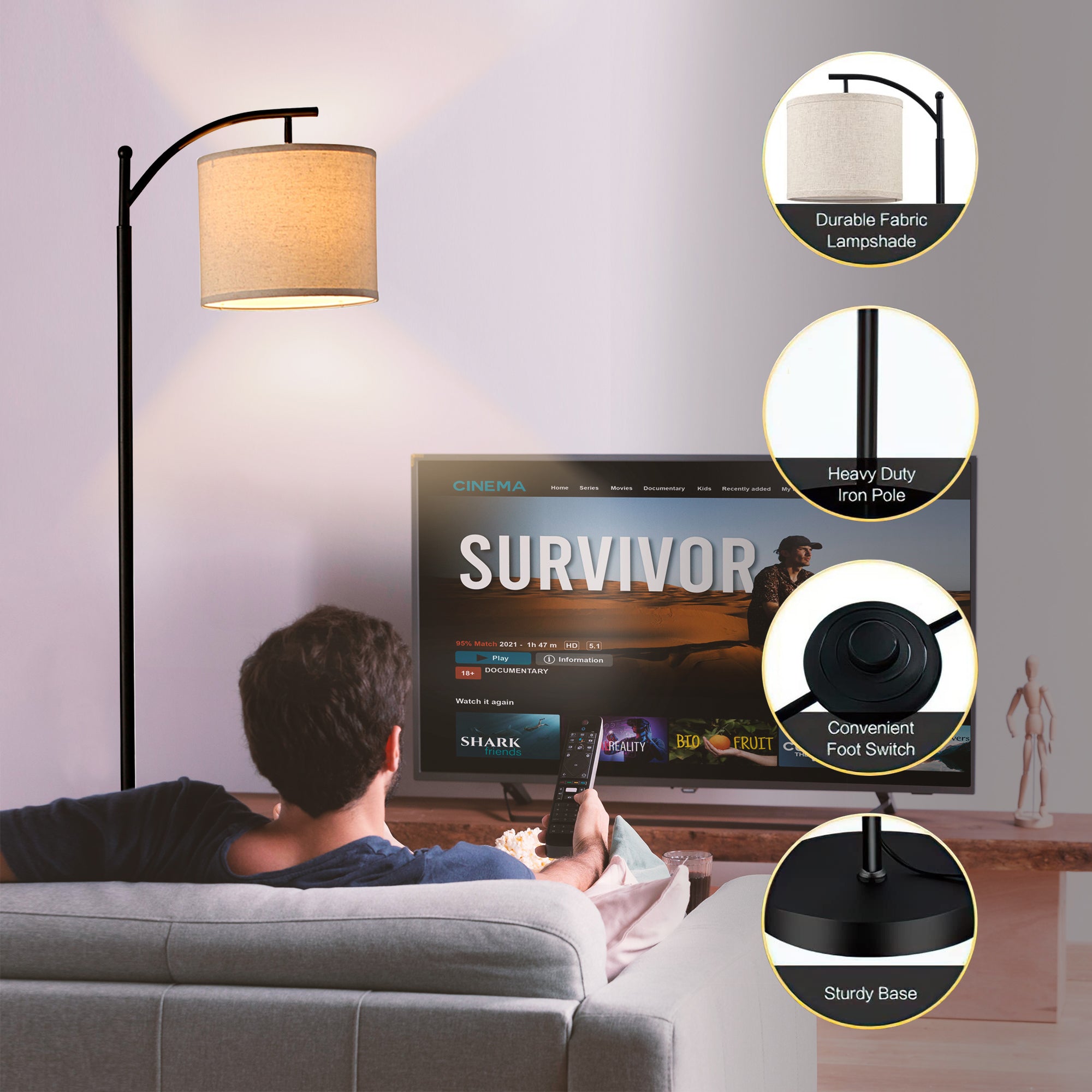 62-in Black Arc Floor Lamp with Fabric Shade