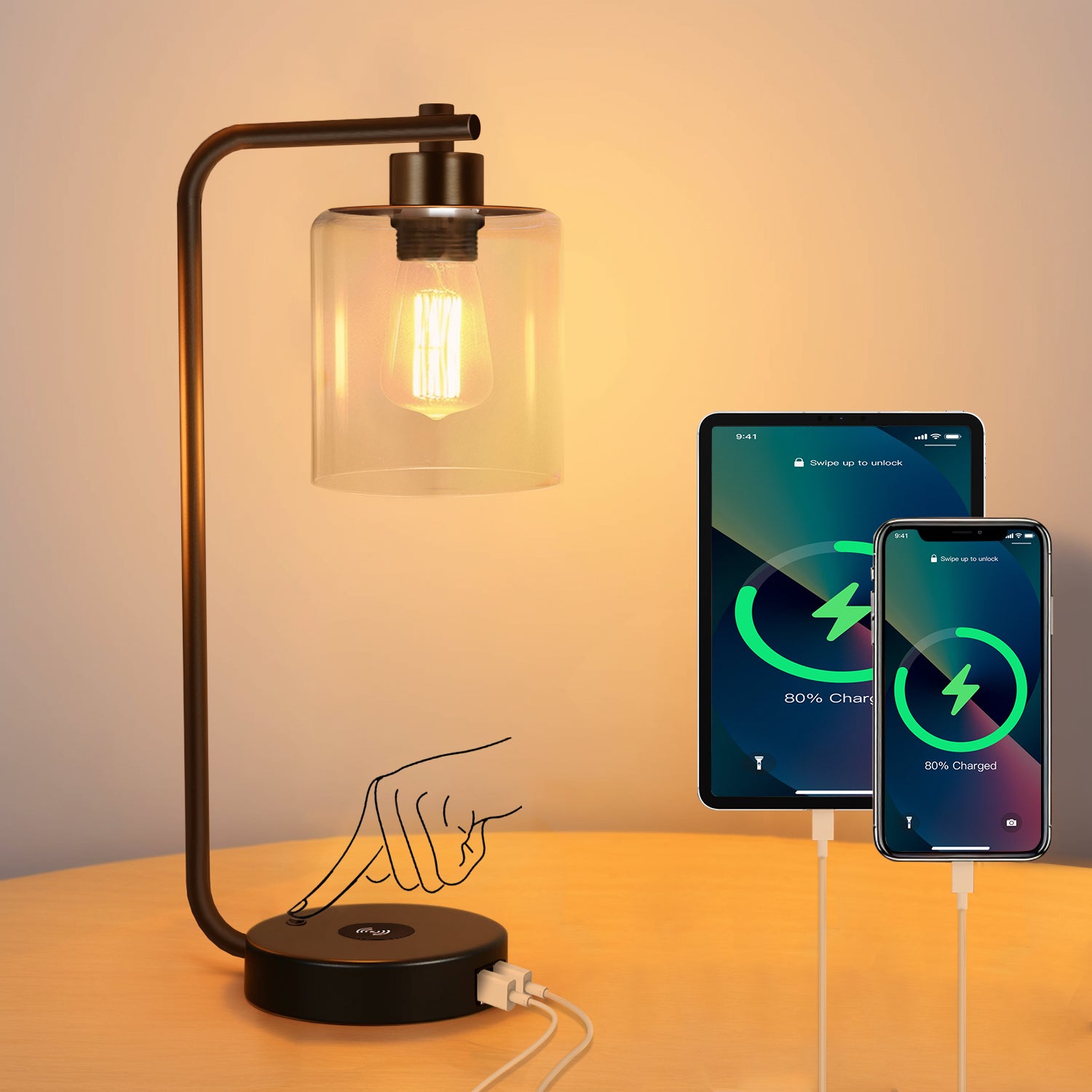 19-in Black LED Wireless Charge Table Lamp with Glass Shade