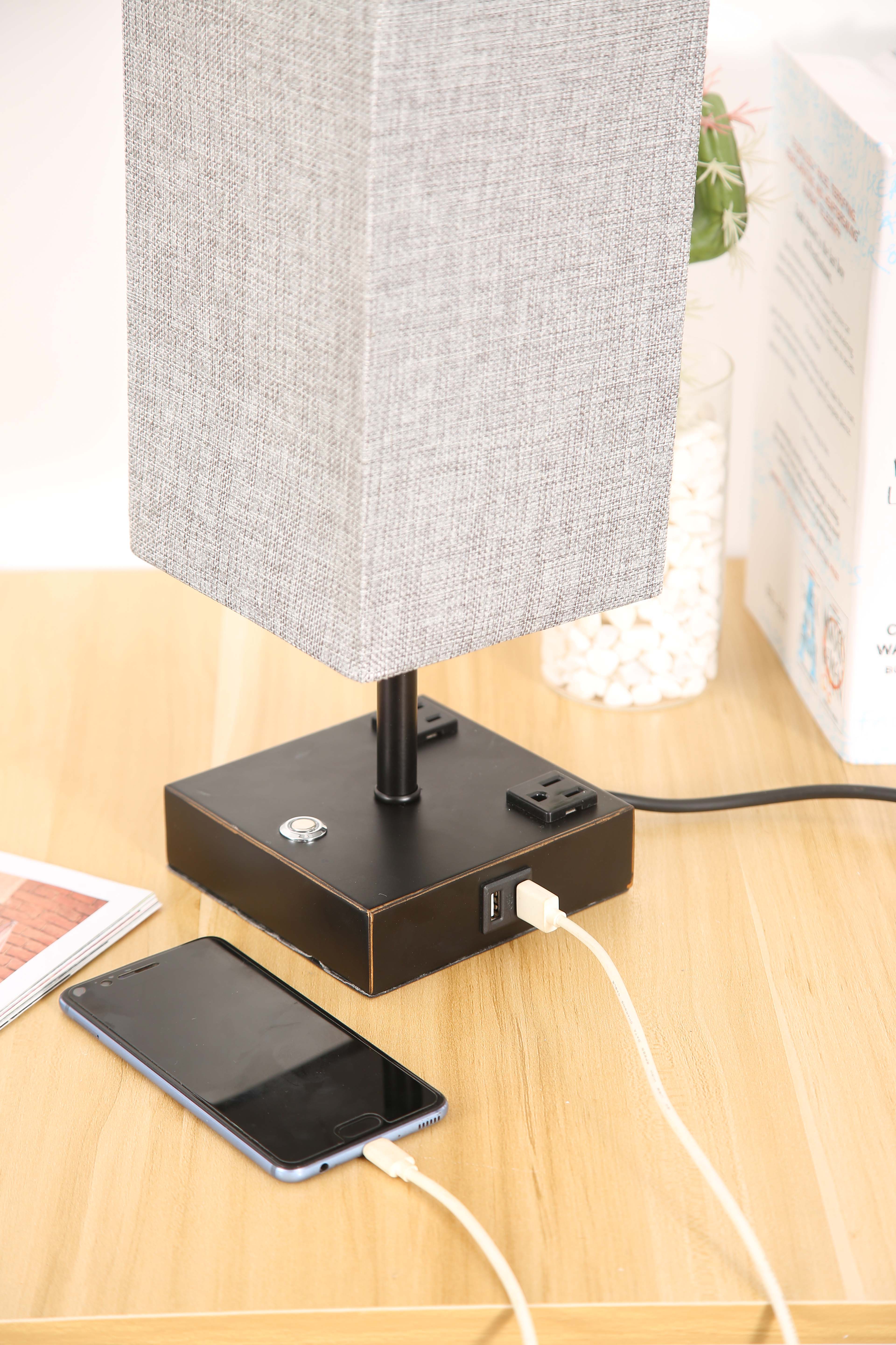 15in Gray LED Bulb Touch Switch Table Lamp with Fabric Shade Set of 2
