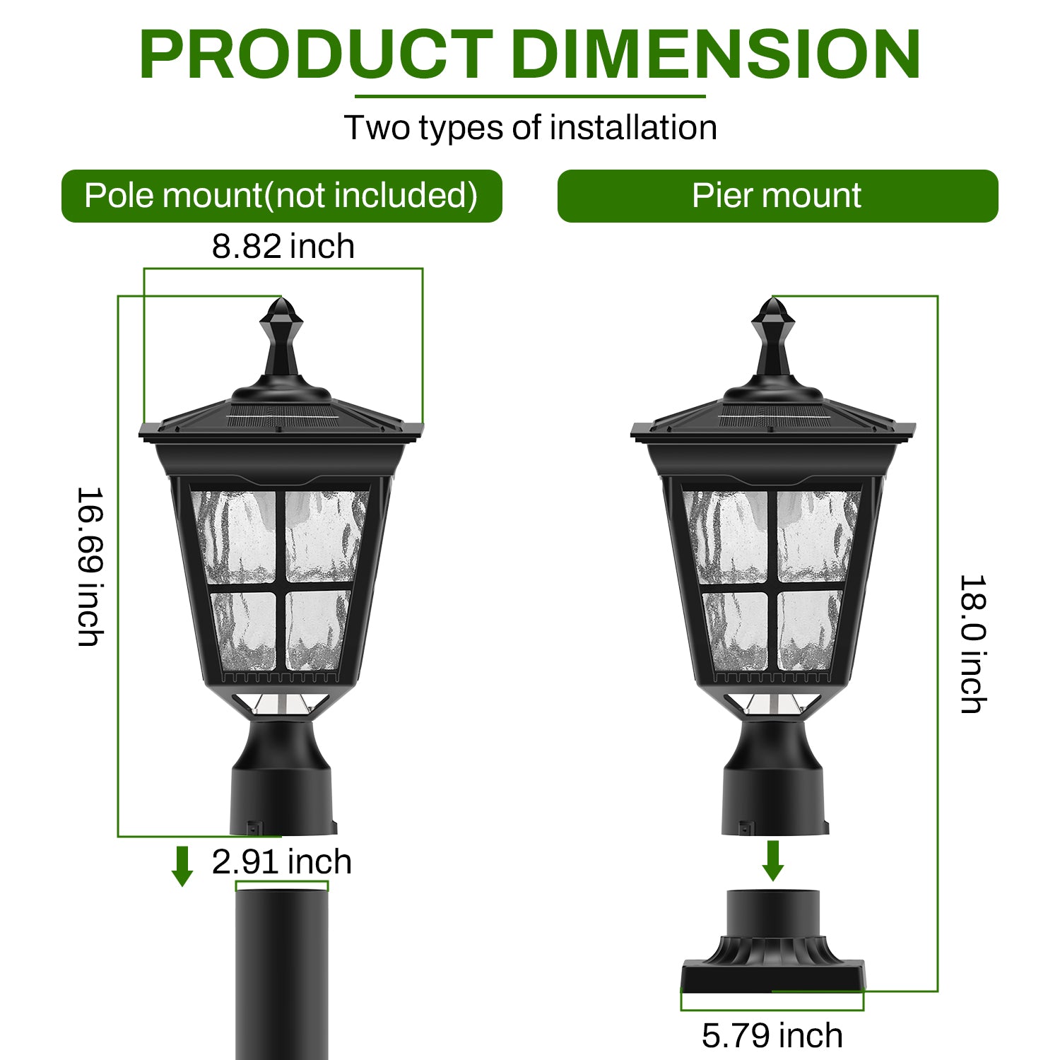 18-in Black Traditional Solar Outdoor Light post lantern with Dusk-to Dawn Sensor Photocell Sensor