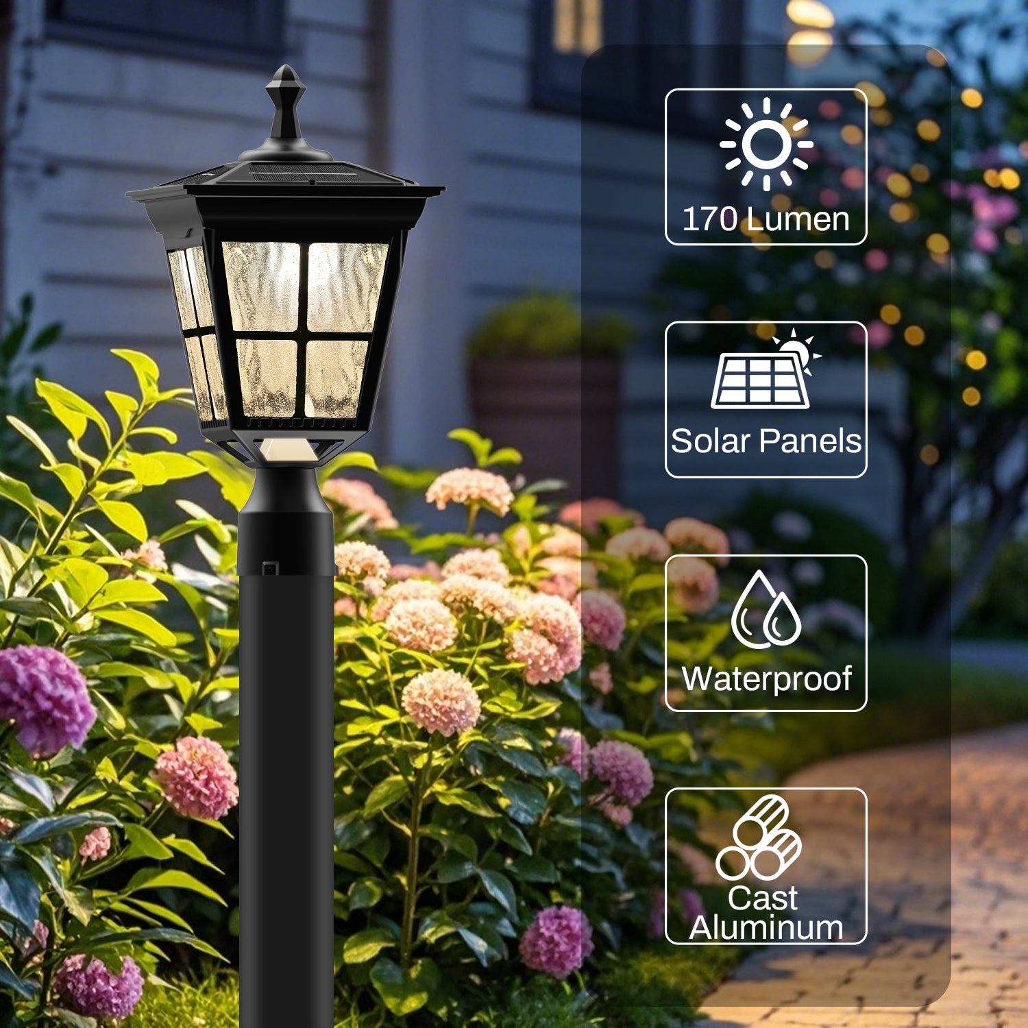 18 in. Black Outdoor Frozen Ice Glass Solar Post Light with Pier Mount Base