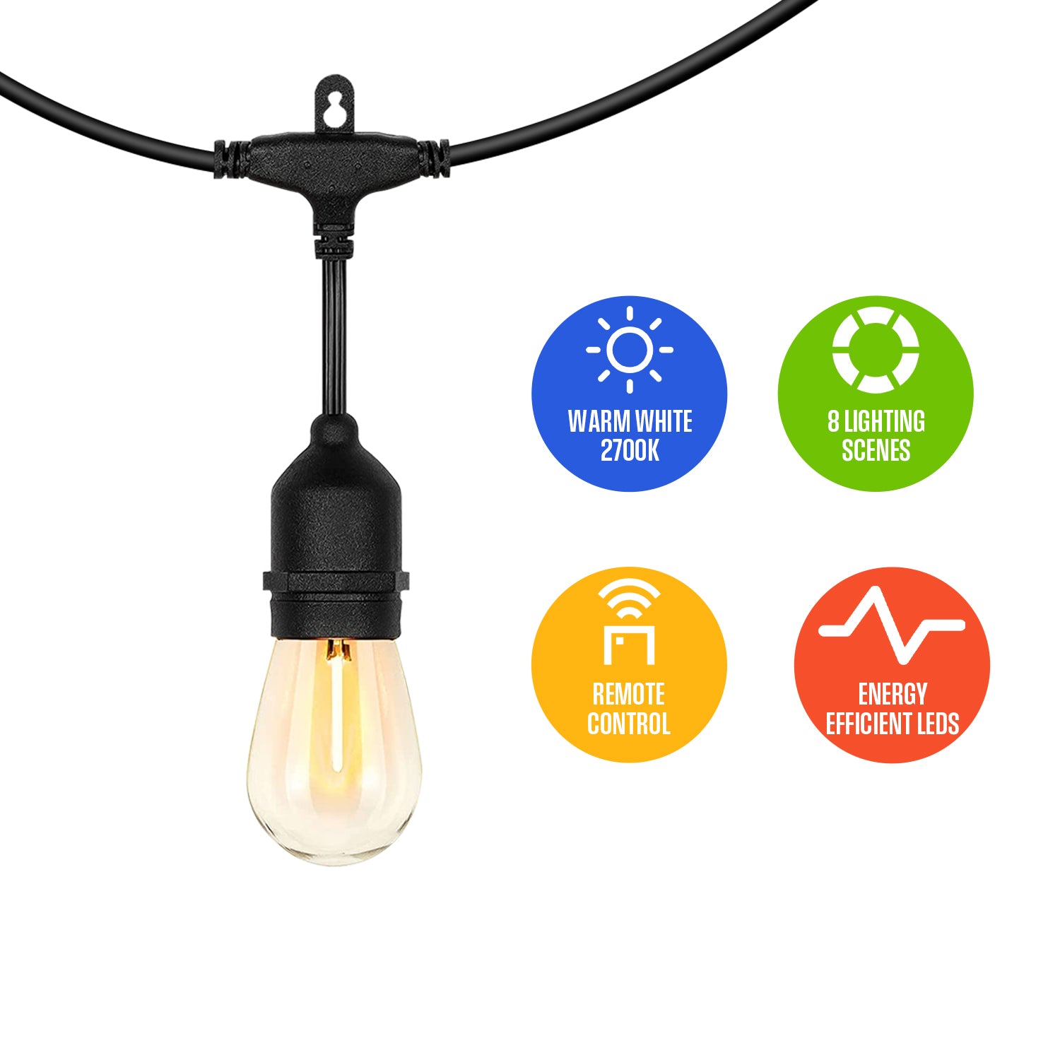 50FT Solar Outdoor String Light 15 LED Bulbs with Remote