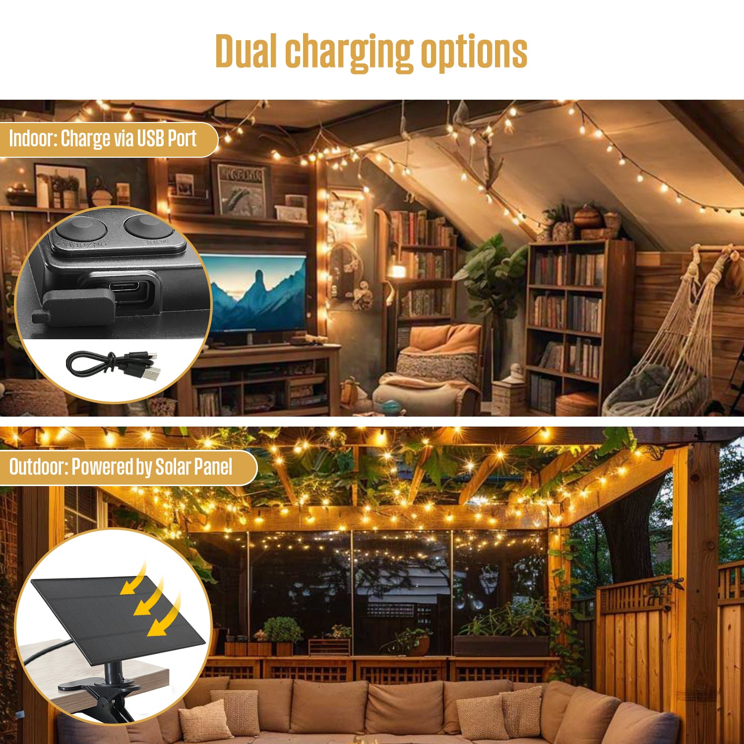 50FT Solar Outdoor String Light 15 LED Bulbs with Remote