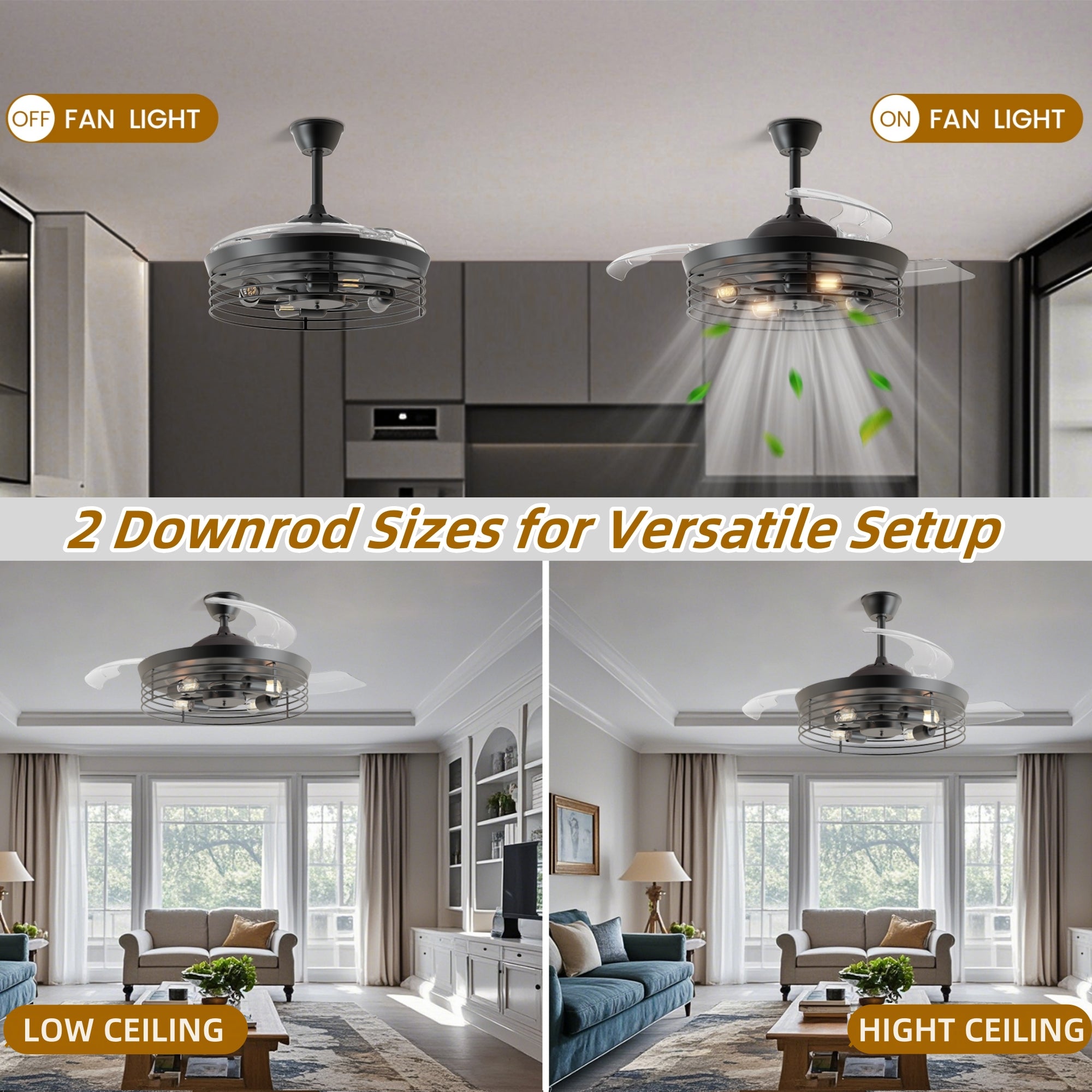 42 in. Retractable Blades Ceiling Fan (Filament Bulb Not Included)