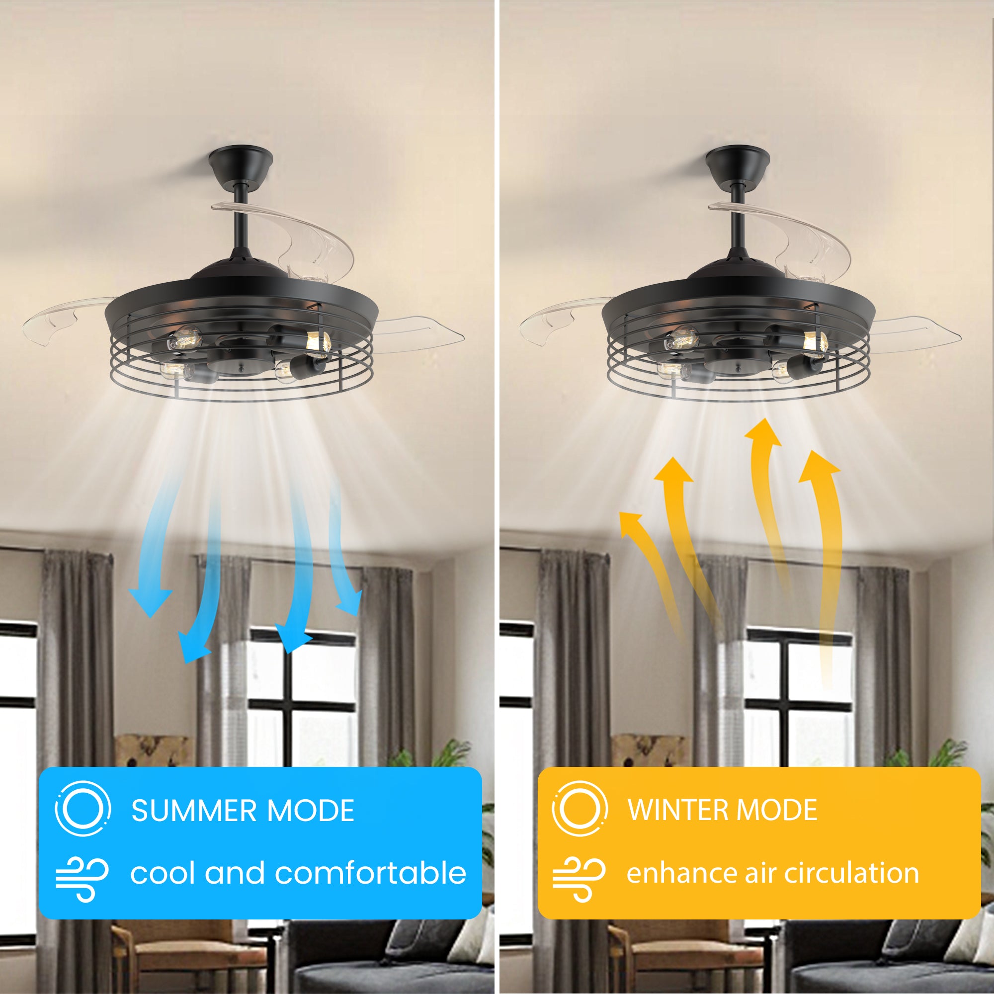 42 in. Retractable Blades Ceiling Fan (Filament Bulb Not Included)
