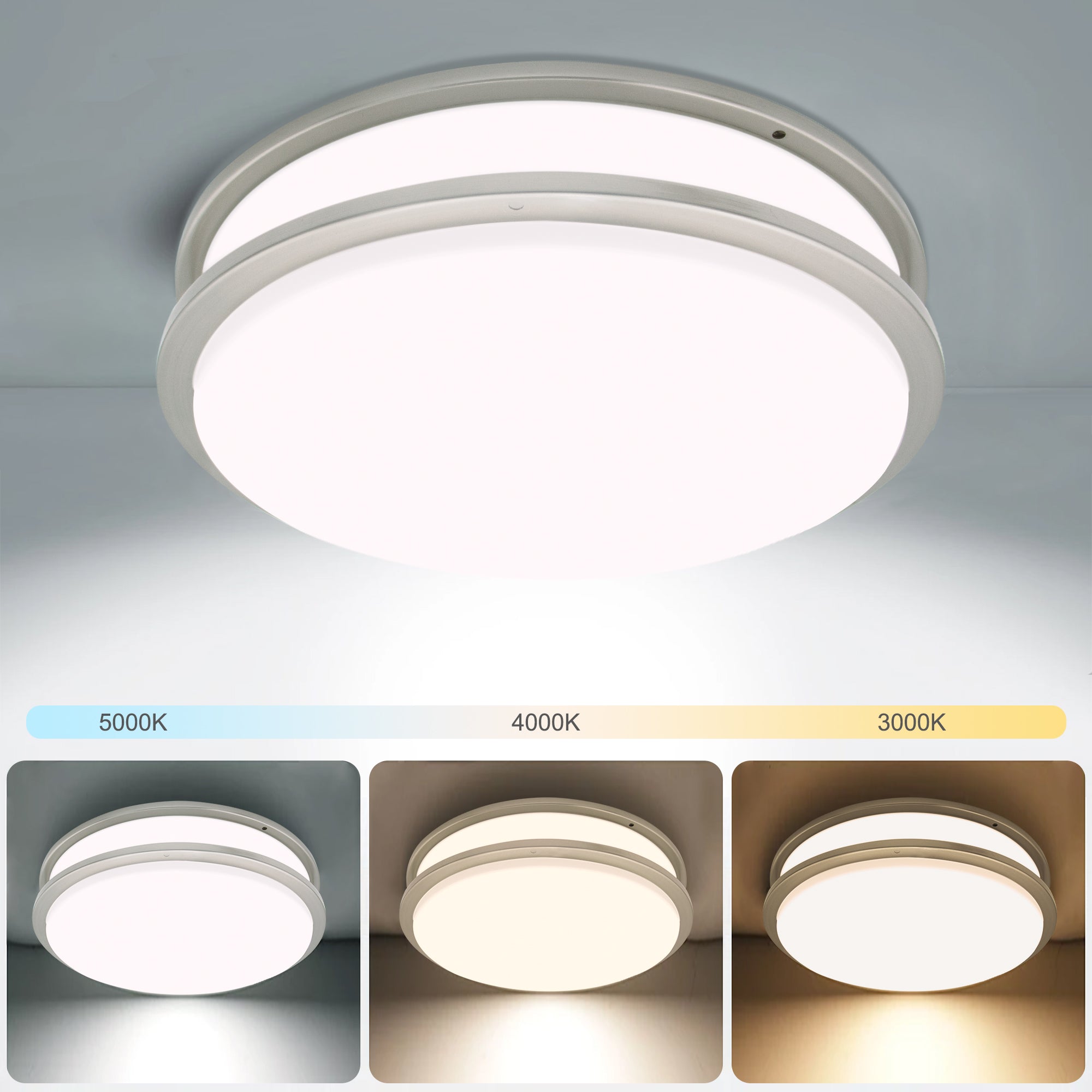 14-in Double Ring Brushed Nickel Integrated LED Flush Mount Light