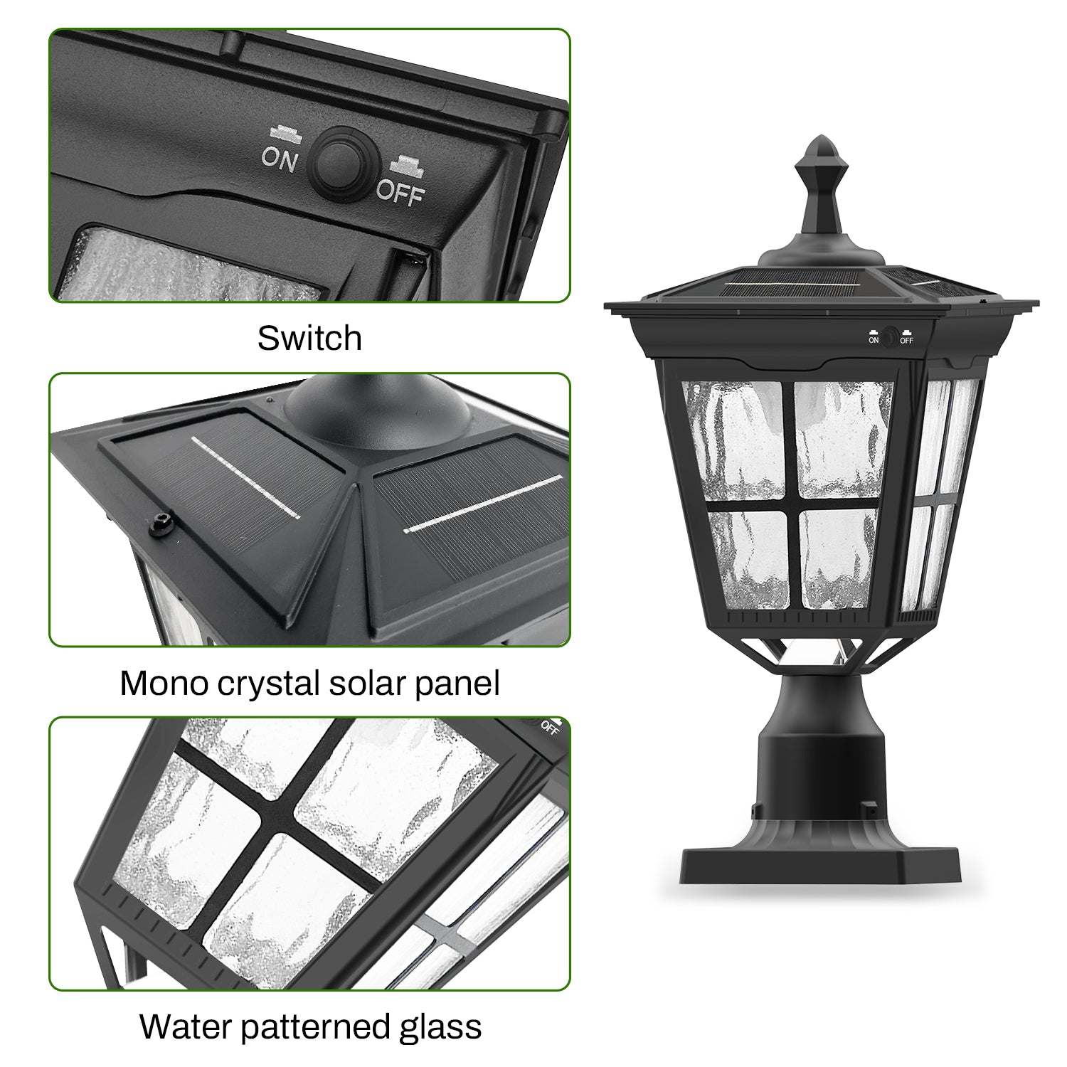 18 in. Black Outdoor Frozen Ice Glass Solar Post Light with Pier Mount Base