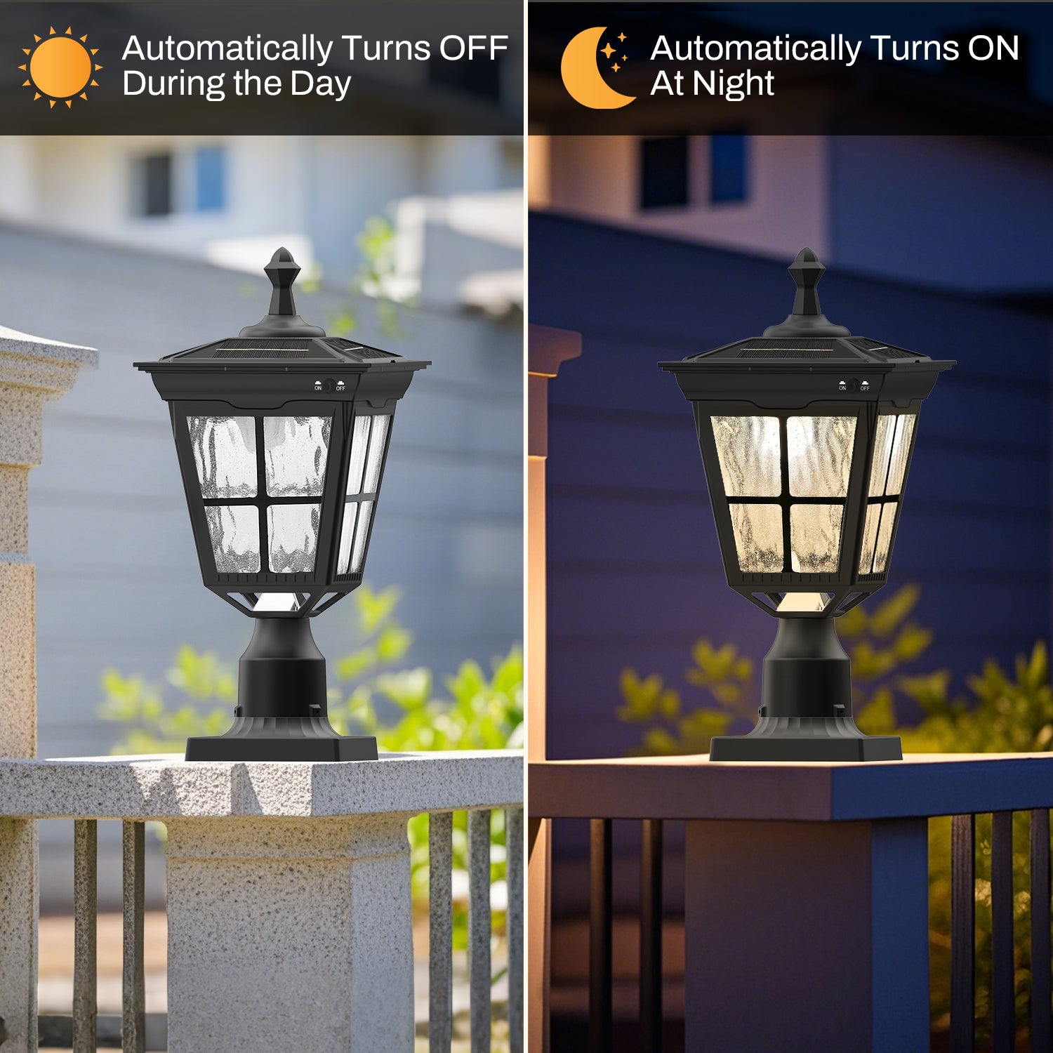 18 in. Black Outdoor Frozen Ice Glass Solar Post Light with Pier Mount Base