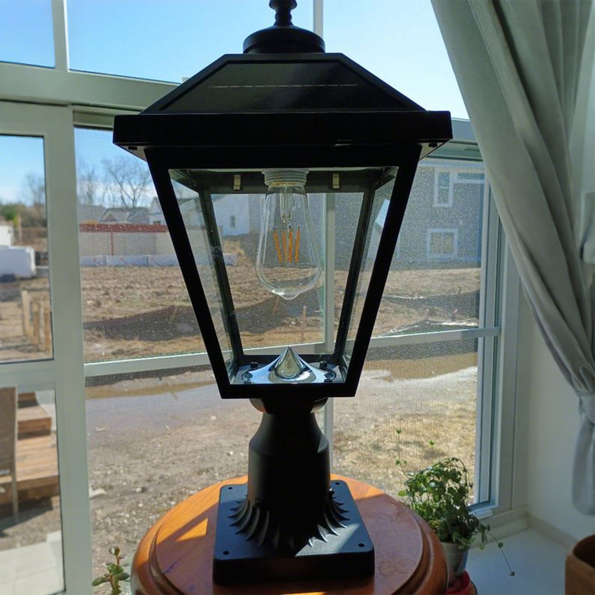 22 in. Black Outdoor Clear Glass Solar Post Light with Pier Mount Base