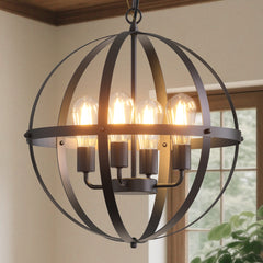 4-Light Black Caged Chandelier Light with Bulb