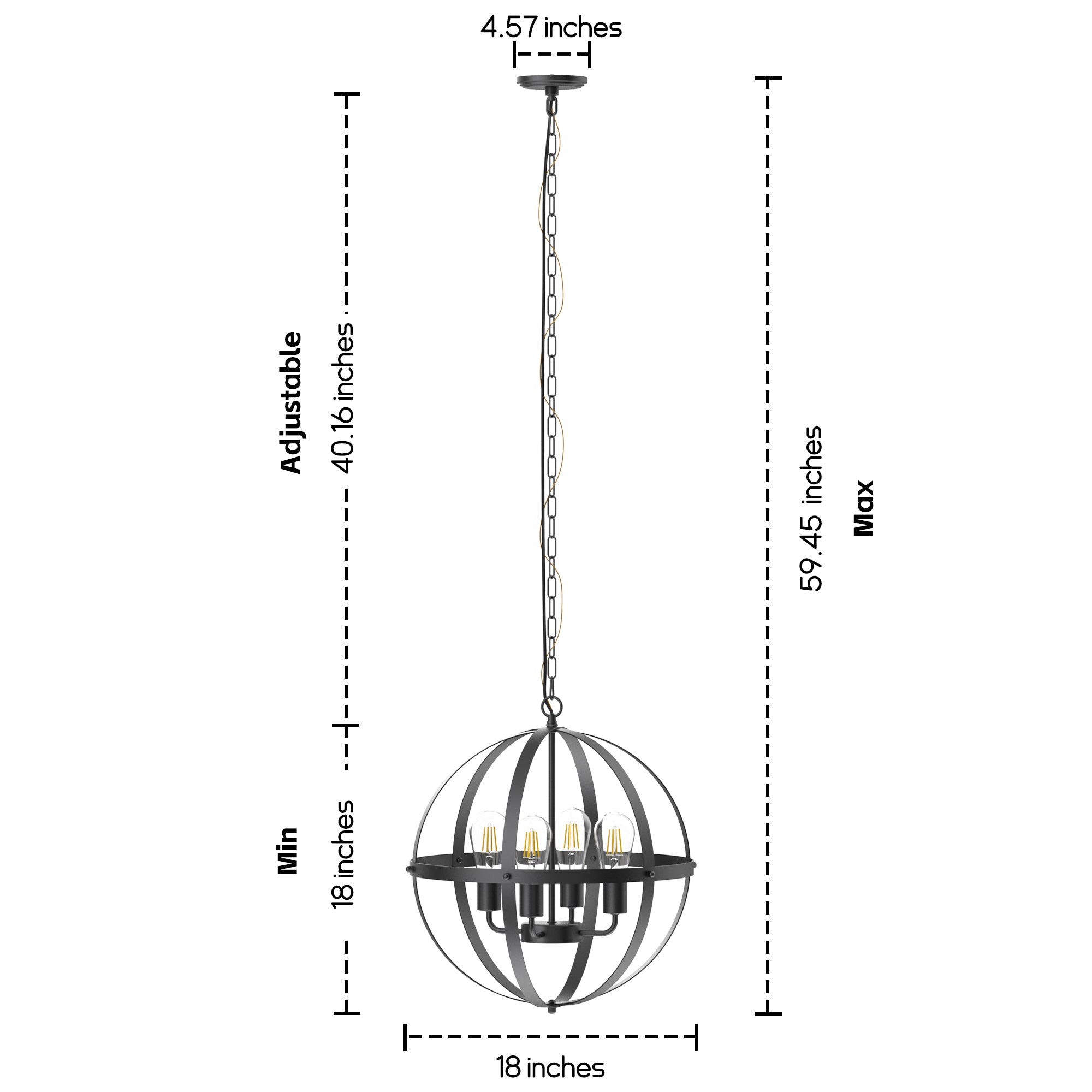 4-Light Black Caged Chandelier Light with Bulb