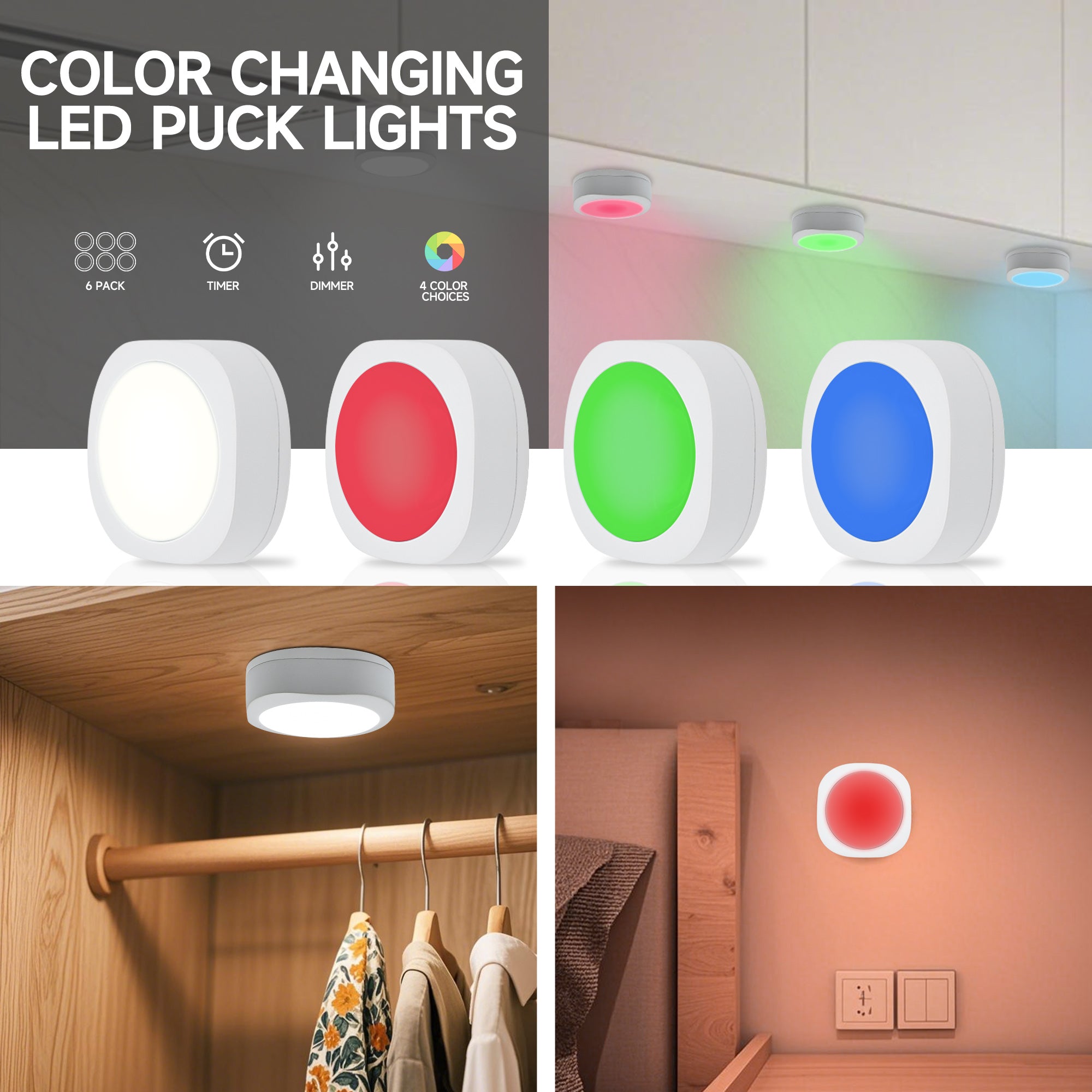 6-Pack Battery Operated Indoor LED Puck Light with Remote