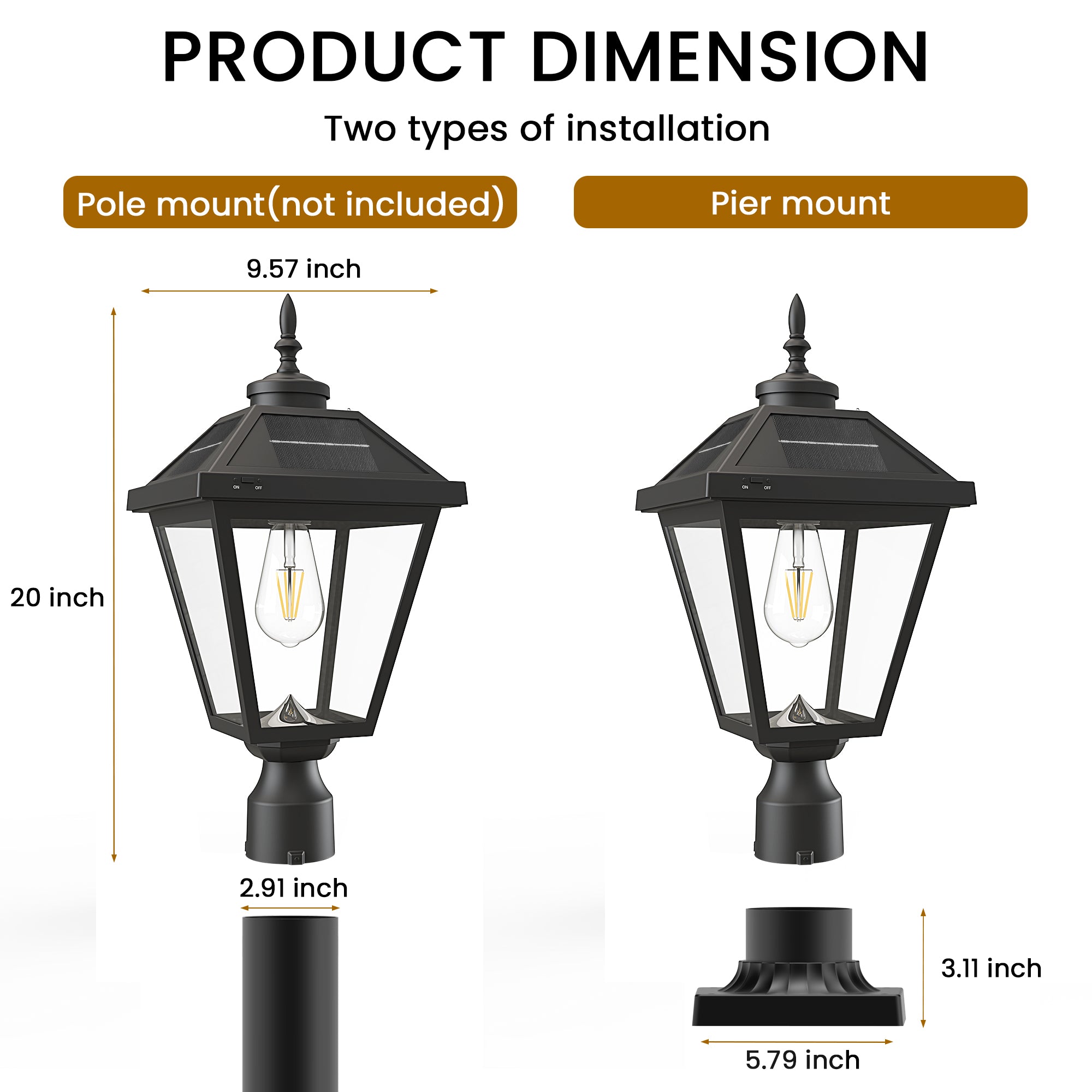 22 in. Black Outdoor Clear Glass Solar Post Light with Pier Mount Base